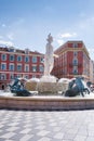 Nice, Provance, Alpes, Cote D`Azur, French, August 15, 2018; Historic Massena square in Nice with Appolo sculpture.