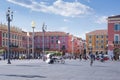 Nice, Provance, Alpes, Cote d`Azur, French, August 15, 2018; Place Massena, landmark of the town. A pedestrian square with shops.