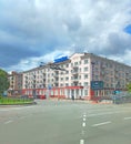 Central street with panoramic view of hotel in Ukrainian city