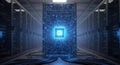 Futuristic artificial intelligence core glowing brightly within a modern data center server room Royalty Free Stock Photo