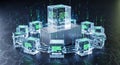 Futuristic digital data center with glowing green information cubes arranged in a circular formation Royalty Free Stock Photo