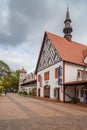 Central town square with stylized buildings at autunm day. Svetlogorsk. Kaliningrad region. Russia Royalty Free Stock Photo