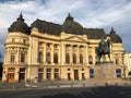 Central University Library(Fundatiunea Universitara Carol I) and King Carol I statue, Bucharest, Romania Royalty Free Stock Photo
