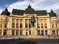 Central University Library(Fundatiunea Universitara Carol I) and King Carol I statue, Bucharest, Romania Royalty Free Stock Photo