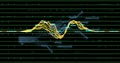 Central waveform cluster oscillating in computer interface with green grid, blue circuit and labels Royalty Free Stock Photo