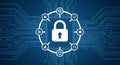 Digital security concept with padlock icon surrounded by interconnected technology and cyber protection symbols Royalty Free Stock Photo