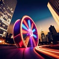 giant hamster wheel in the middle of a city, with skyscarpers and busy streets in the background, ai generated