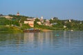 Centre of city and a pier with a beach on Oka river in Kasimov city, Russia