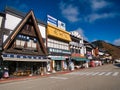 The centre of Kiso Fukushima in the Kiso Valley in Japan. A local cafe restaurant and the Tourist Office are shown