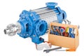 Centrifugal pump with toolbox. Service and repair of horizontal multistage pump, 3D rendering