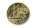 25 Cents Coin (Two Masted Cayman Schooner). Bank Of Cayman Islands. Obverse, 2008