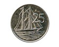 25 Cents Coin, Two Masted Cayman Schooner, Cayman Islands. Obverse, 1992