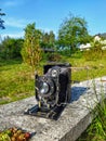 Retro vintage classic large format Steinheil 9x12 cm camera on tripod with shutter and lens visible Royalty Free Stock Photo