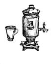 Century old samovar and a cup from the service schedule sketch illustration