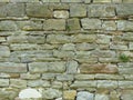 Stone fence. Century old wall made of stone blocks and green grass.