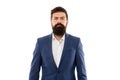 Ceo. Bearded man ceo with serious face. Mature hipster with beard. Male in business office. Businessman in formal suit Royalty Free Stock Photo