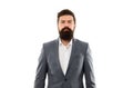 Ceo. Bearded man ceo with serious face. Mature hipster with beard. Male in business office. Businessman in formal suit Royalty Free Stock Photo