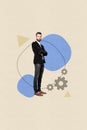 Ceo company collage illustration businessman folded arms confident engineering company development cogwheel isolated on