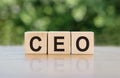 CEO - word written on wooden blocks. The text is written in black letters and is reflected in the mirror surface of the table. Royalty Free Stock Photo