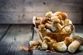 Ceps mushroom. Boletus closeup on wooden table