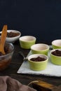 Ceramic bakeware with dough for the preparation of chocolate dessert Royalty Free Stock Photo