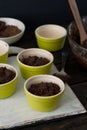 Ceramic bakeware with dough for the preparation of chocolate dessert Royalty Free Stock Photo