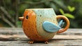 A ceramic bird shaped coffee mug sitting on a wooden table, AI