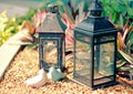 Ceramic birds and vintage lamp for decorated garden