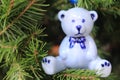 Ceramic blue bear hanging on the Xmas tree