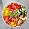 Ceramic bowl with fresh ingredients for mediterranean tomato bread salad panzanella.