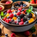 ceramic bowl with fresh summer berries and sweet honey-yogurt.