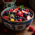 ceramic bowl with fresh summer berries and sweet honey-yogurt.