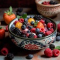 ceramic bowl with fresh summer berries and sweet honey-yogurt. Royalty Free Stock Photo