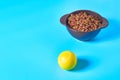 Ceramic bowl full of dry food for pet near rubber tennis ball on blue background Royalty Free Stock Photo