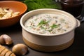 ceramic bowl full of fresh clam chowder, with crackers Royalty Free Stock Photo