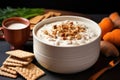 ceramic bowl full of fresh clam chowder, with crackers Royalty Free Stock Photo