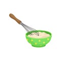 Ceramic bowl full of fresh dough with a whisk. Vector illustration.