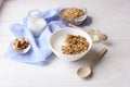 Light carbohydrate and protein rich granola yougurt all-day energy breakfast. Mixed nuts and oats vegeterian super food. Royalty Free Stock Photo