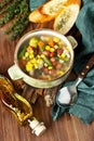 Ceramic bowl of minestrone soup with toasts Royalty Free Stock Photo