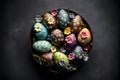 Ceramic bowl with multi colored painted Easter eggs on a dark background