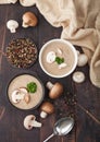 Ceramic bowl plates of creamy chestnut champignon mushroom soup with spoon, pepper and kitchen cloth on dark wooden  background. Royalty Free Stock Photo