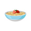 Ceramic bowl with ring flakes and two ripe strawberries on top. Tasty and sweet breakfast. Flat vector for product