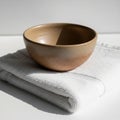 A ceramic bowl with a smooth, speckled beige surface rests on a neatly folded white Royalty Free Stock Photo