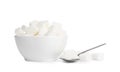 Ceramic bowl and spoon with refined sugar cubes on white background Royalty Free Stock Photo