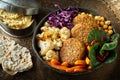 Ceramic bowl of vegetables and cutlets