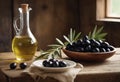 Ceramic bowls full of selected black olives and glass decanter of extra virgin olive oil stand on wooden table. Concept Royalty Free Stock Photo