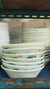 Ceramic bowls stacked at Boat noodle old shop in Thailand Royalty Free Stock Photo