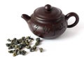 Ceramic China teapot and oolong tea on white