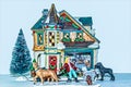 Ceramic Christmas Village scene with woman walking dogs past decorated house with people eating dinner outside watching Royalty Free Stock Photo