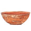 Ceramic clay pot, bowl with a vintage pattern. Caveman vintage drawing with animal crocodile. Hand drawn watercolor